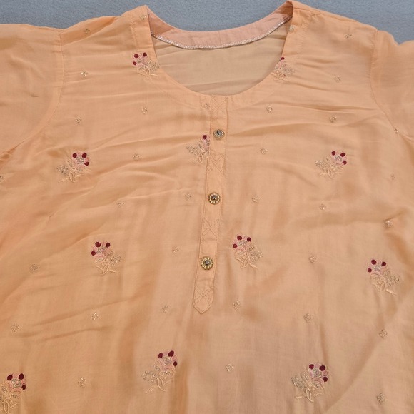 Peach Embroidered Kurta Tunic Women Long Sleeve Floral Sequin Scalloped Hem - Picture 5 of 9